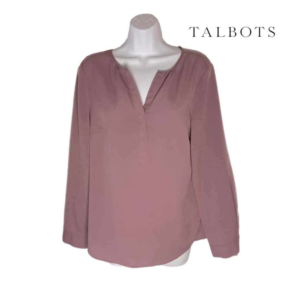 Talbots Large Petite Mauve Plum V-Neck Long Sleeve Blouse Popover soft EUC